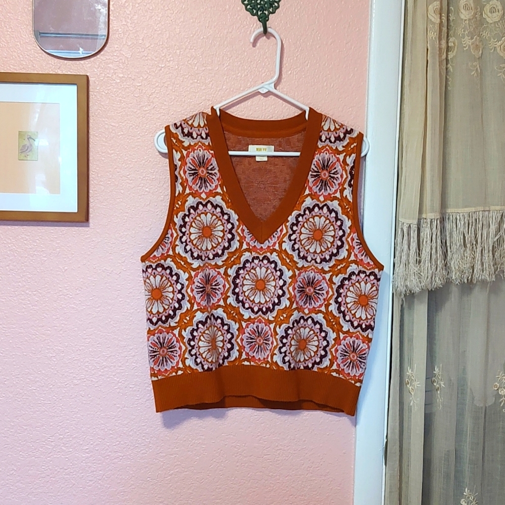 Maeve Sweater Vest Floral Retro Brown Pink Lilac Anthropologie